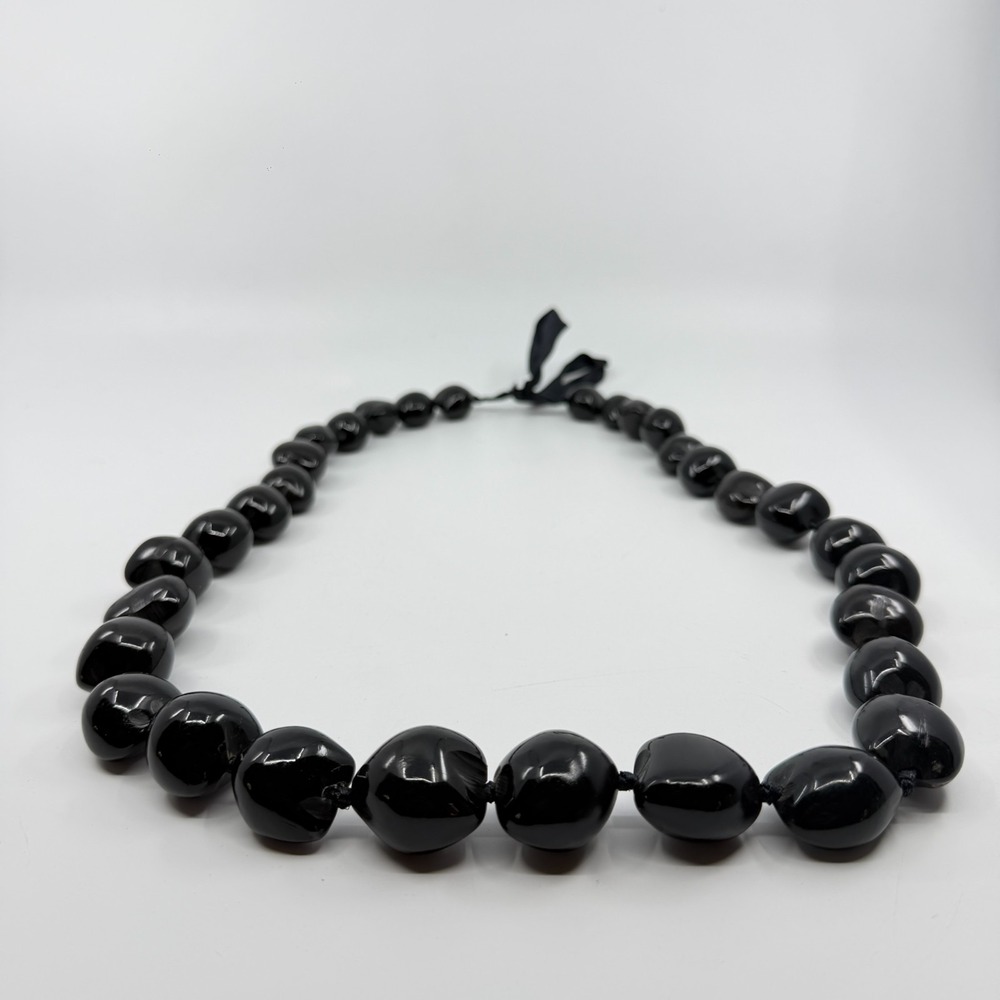 Chunky Black Kukui Nut Lei Necklace Gothic Hawaiian Strand Ribbon Tie Gift